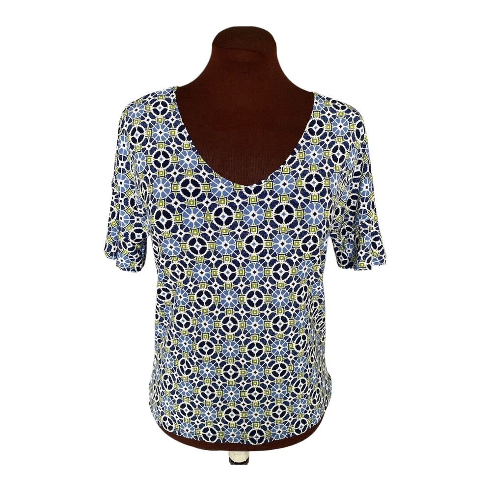Bleeker & McDougal Blue Green White Short Sleeve Textured Geo Top Size PS